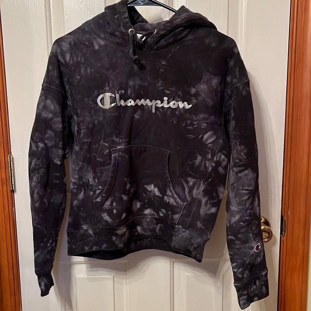 Small champion navy blue tie dye hoodie with silver logo